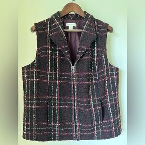 Christopher & Banks Merlot Black Red Plaid Curly/Tweed Zipped Vest